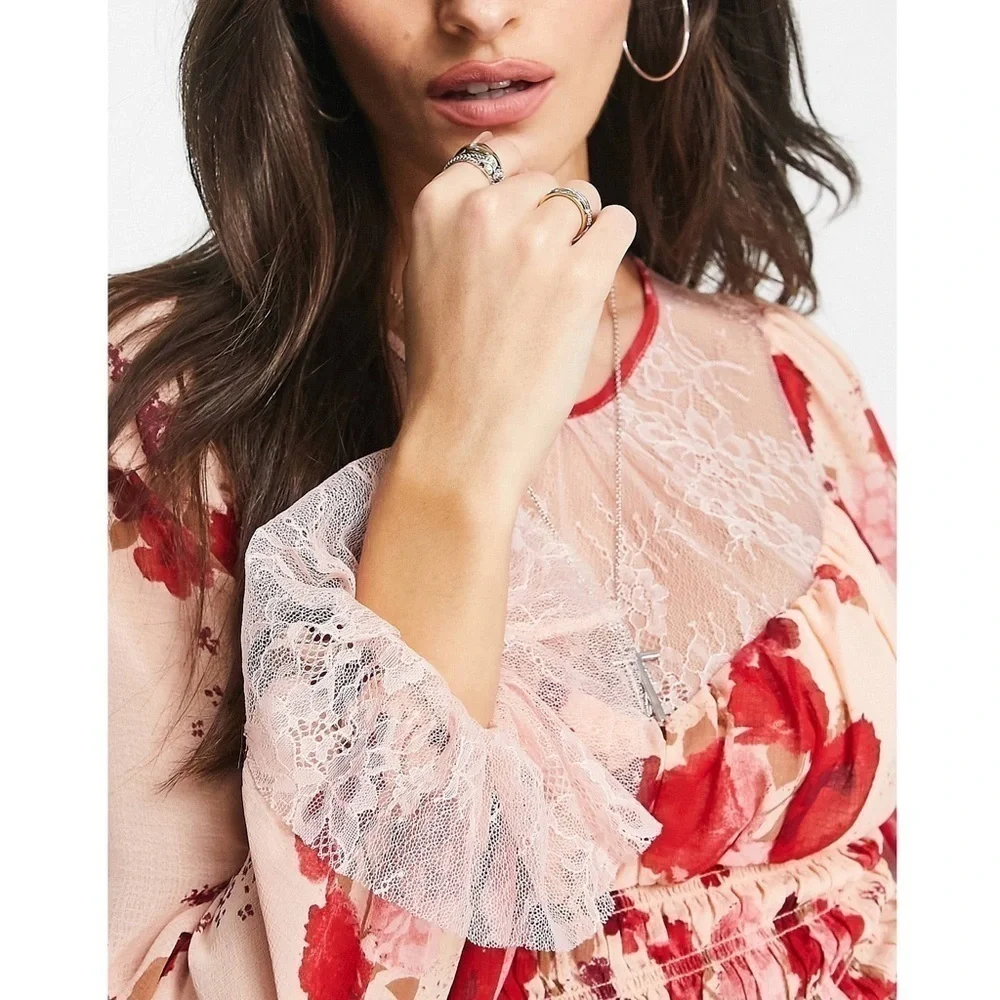 NWT FREE PEOPLE Floral Cropped Ruffle Long Sleeve Lace Smocked Regency Blouse XS